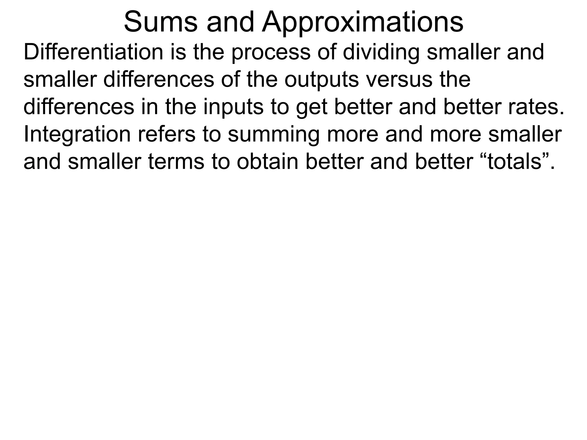 Definite Integrals 
Let f(x) be a continuous function over the closed 
interval [a, b]. With F'(x) = f(x), we define 
b 
f(x) dx = F(x) | = F(b) – F(a) 
∫ 
x=a 
b 
x=a 
 