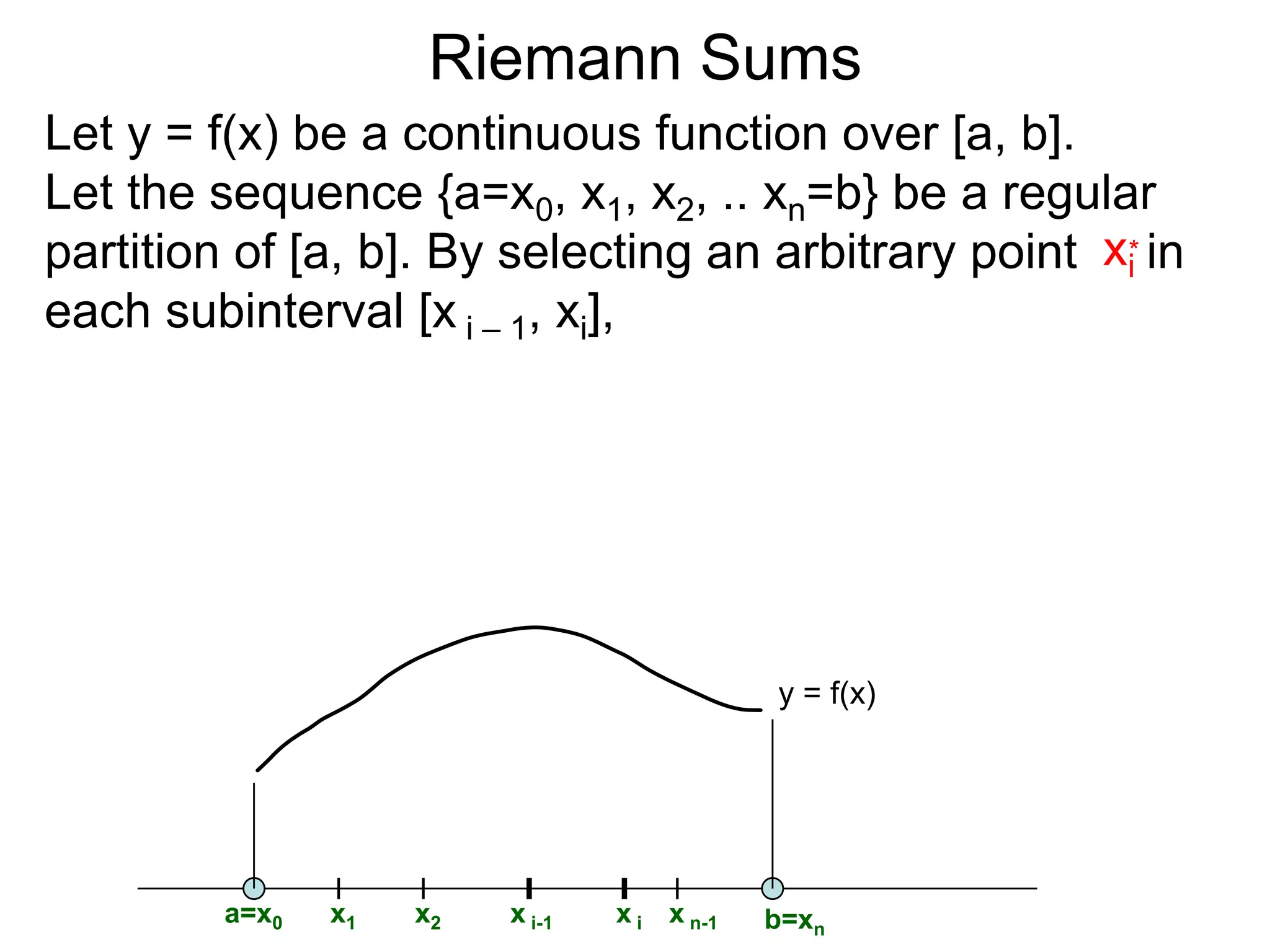 Riemann Sums 
Let I = [a, b] be the interval a < x < b. 
A regular-partition of I is a division of I into equal 
size subintervals. We will use n to denote the 
number of the subintervals 
 