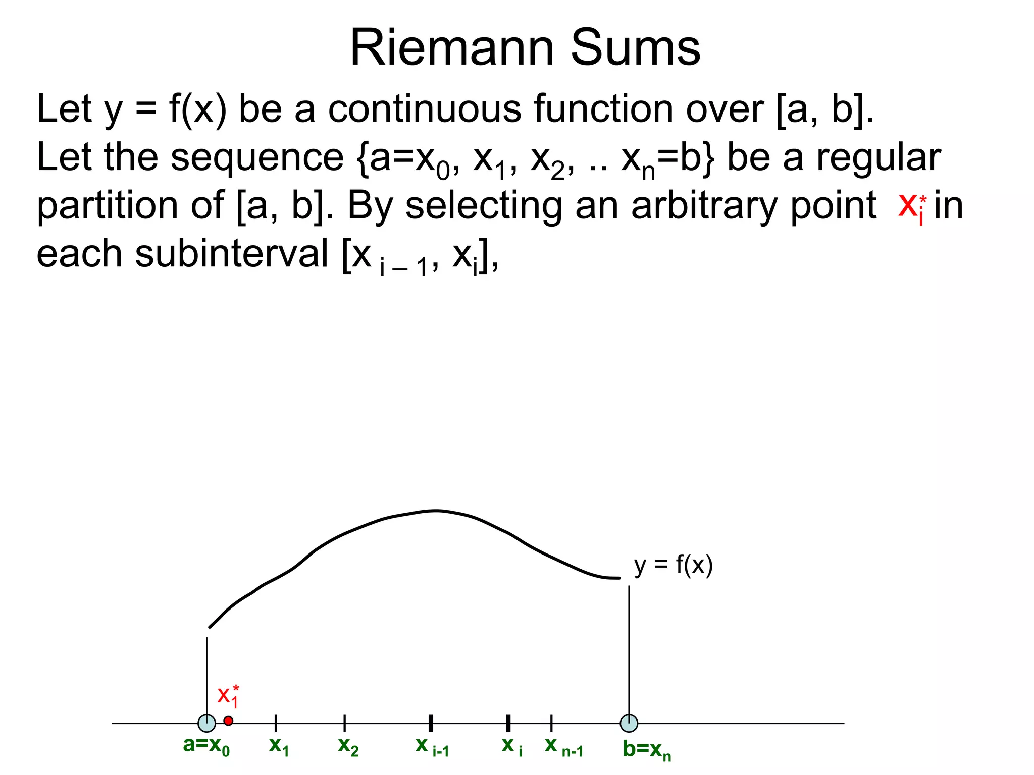 Riemann Sums 
Let I = [a, b] be the interval a < x < b. 
A regular-partition of I is a division of I into equal 
size subintervals. We will use n to denote the 
number of the subintervals and Δx to be the length 
of each subinterval. 
 