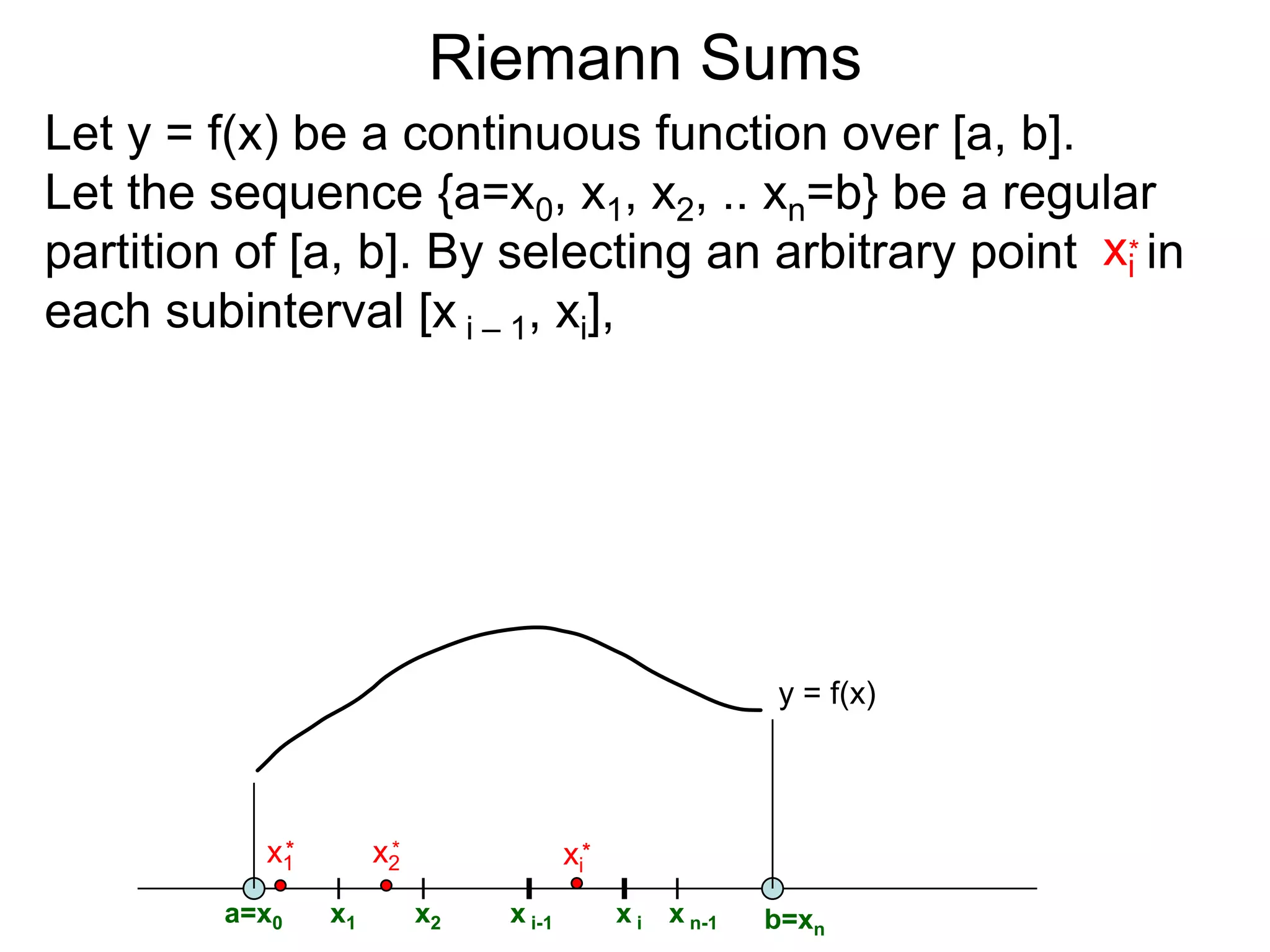 Riemann Sums 
Let I = [a, b] be the interval a < x < b. 
A regular-partition of I is a division of I into equal 
size subintervals. We will use n to denote the 
number of the subintervals and Δx to be the length 
of each subinterval. (Note saying that n ∞ is the 
same as saying Δx  0 since Δx = (b – a)/n.) 
For example, {0, 1/3, 2/3, 1} gives a regular partition 
of [0, 1] with n = 3: 
 