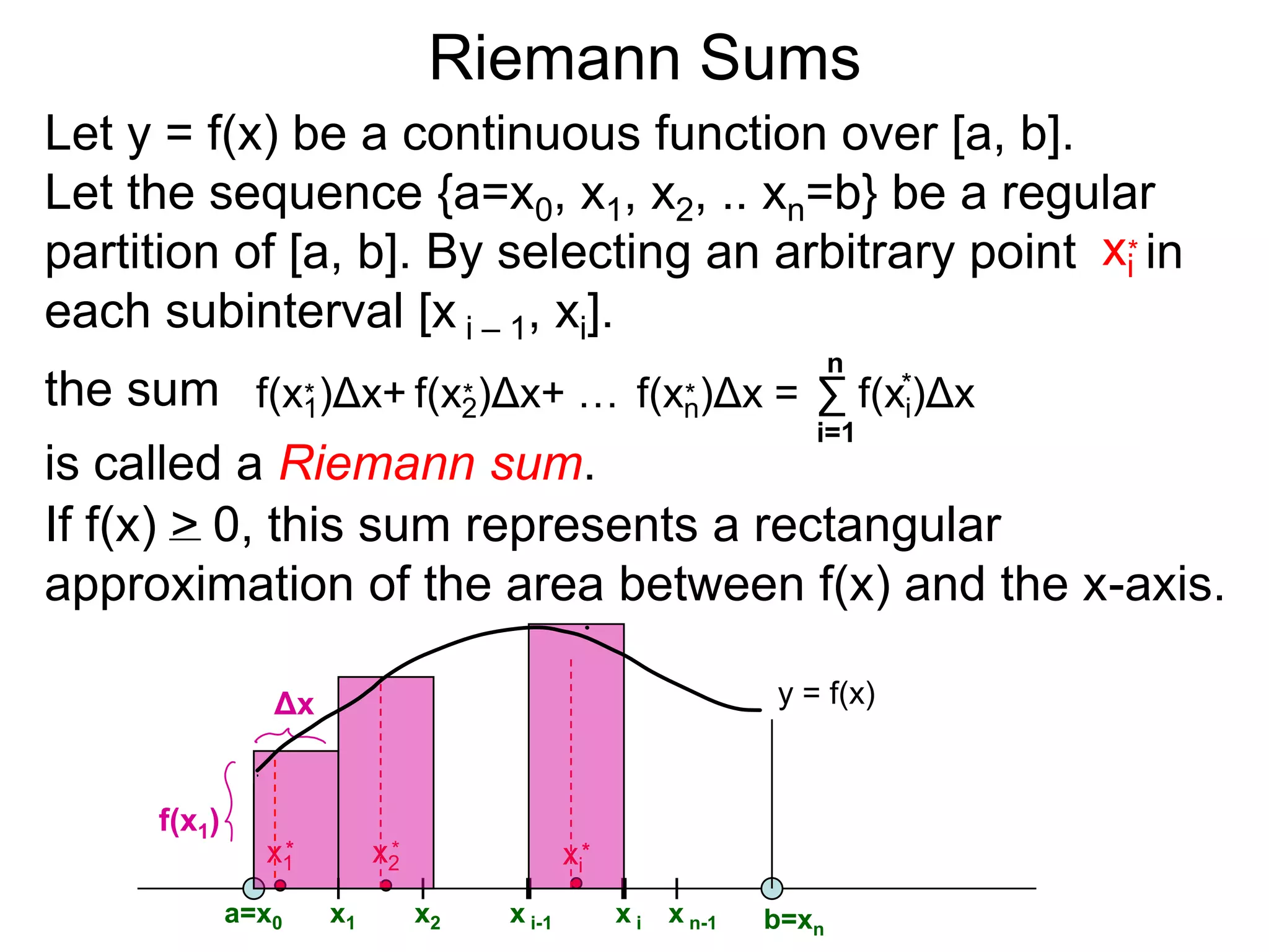 Riemann Sums 
Let y = f(x) be a continuous function over [a, b]. 
 
