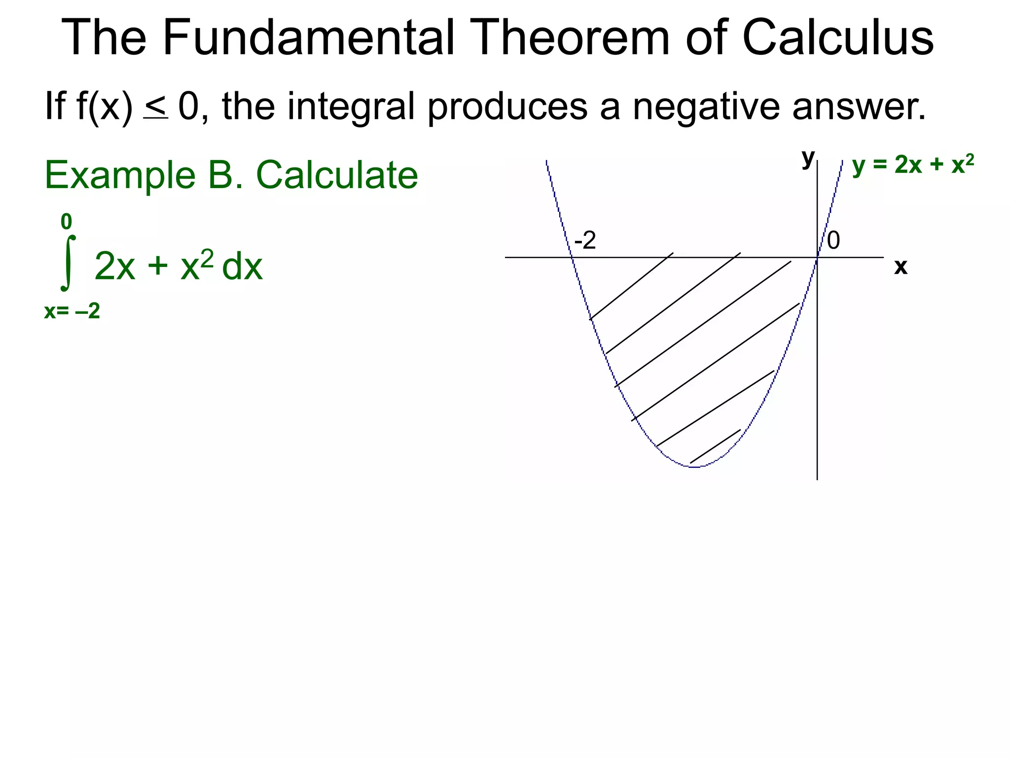 When f(x) > 0, the limit of the Riemann sums is the 
area bounded between the curve y = f(x) and the x-axis, 
from x = a to b. 
Example A. Find the area bounded by y = –x2 + 2x and 
the x-axis. 
 