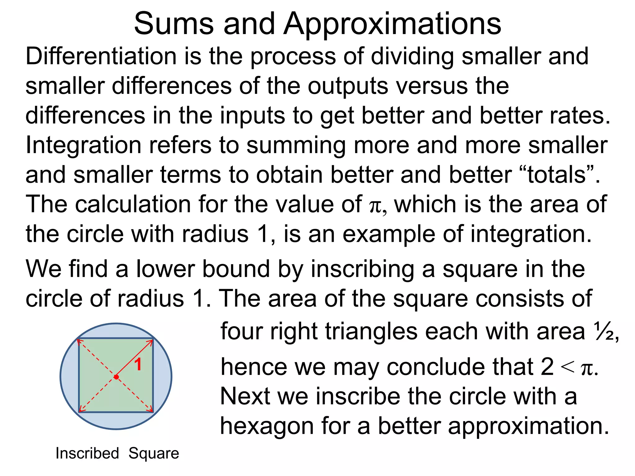 Definite Integrals 
Let f(x) be a continuous function over the closed 
interval [a, b]. With F'(x) = f(x), we define 
b 
f(x) dx = F(x) | = F(b) – F(a) 
∫ 
x=a 
b 
x=a 
to be the “definite integral of f(x) from x = a to x = b”. 
1 1 
For example,(x2)' = 2x, so ∫ 
2x dx = x2 | 
x=0 
The upper limit 
of “integration” 
The lower limit 
of “integration” 
0 
 