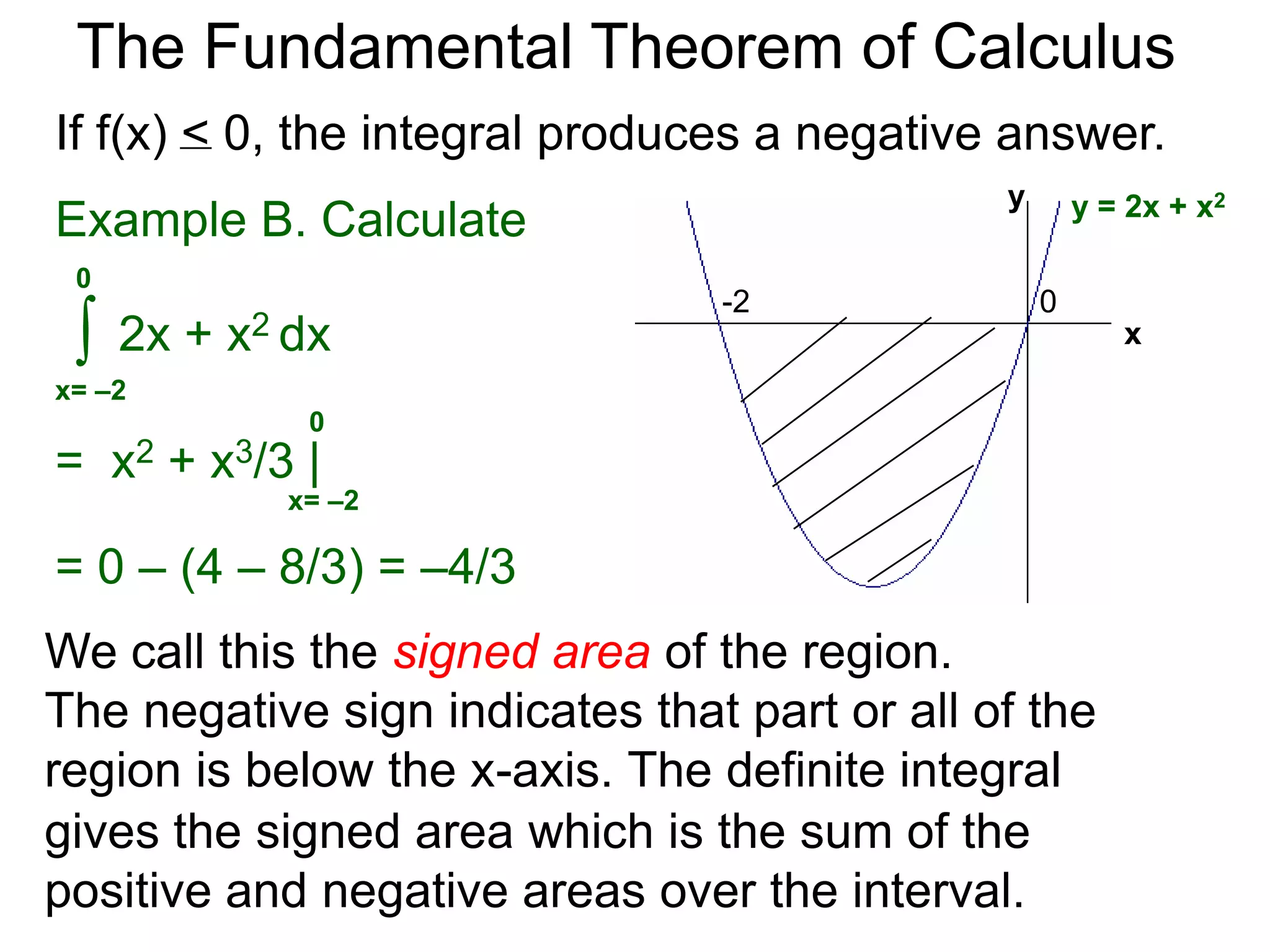 The Fundamental Theorem of Calculus 
When f(x) > 0, the limit of the Riemann sums is the 
area bounded between the curve y = f(x) and the x-axis, 
from x = a to b. 
Example A. Find the area bounded by y = –x2 + 2x and 
the x-axis. 
0 2 
Hence the bounded area is 
2 
–x2 + 2x dx 
∫ 
x=0 
= –x3/3 + x2 | 
2 
x=0 
x 
y 
Graph y = –x2 + 2x. y = -x2 + 2x 
Solve –x2 + 2x = 0, x = 0, 2 
so a = 0 and b = 2. 
 