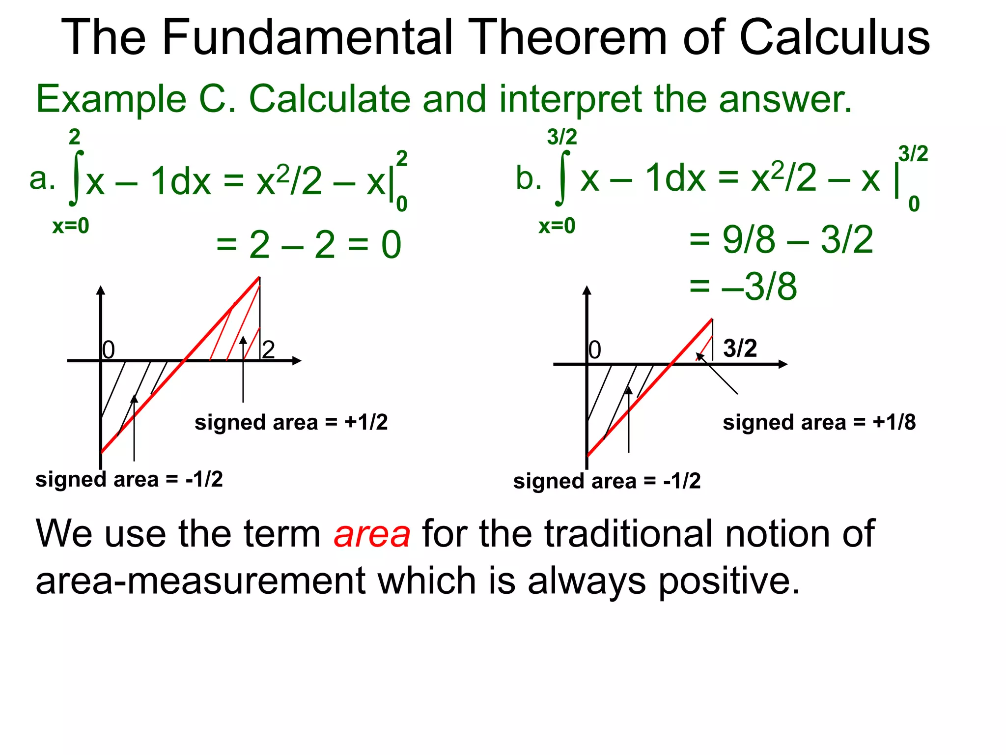 The Fundamental Theorem of Calculus 
If f(x) < 0, the integral produces a negative answer. 
y 
y = 2x + x2 
x 
-2 0 
Example B. Calculate 
2x + x2 dx 
0 
0 
∫ 
x= –2 
= x2 + x3/3 | 
x= –2 
= 0 – (4 – 8/3) = –4/3 
We call this the signed area of the region. 
The negative sign indicates that part or all of the 
region is below the x-axis. The definite integral 
gives the signed area which is the sum of the 
positive and negative areas over the interval. 
 