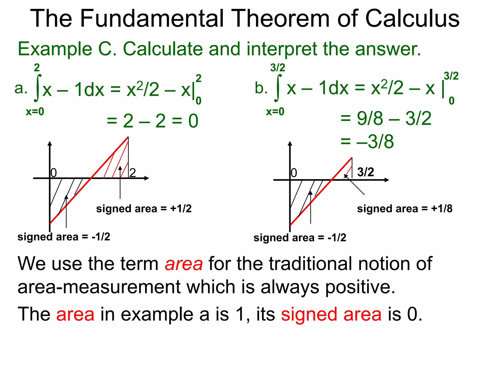 The Fundamental Theorem of Calculus 
Example C. Calculate and interpret the answer. 
2 
∫ 
x=0 
a. x – 1dx 
 