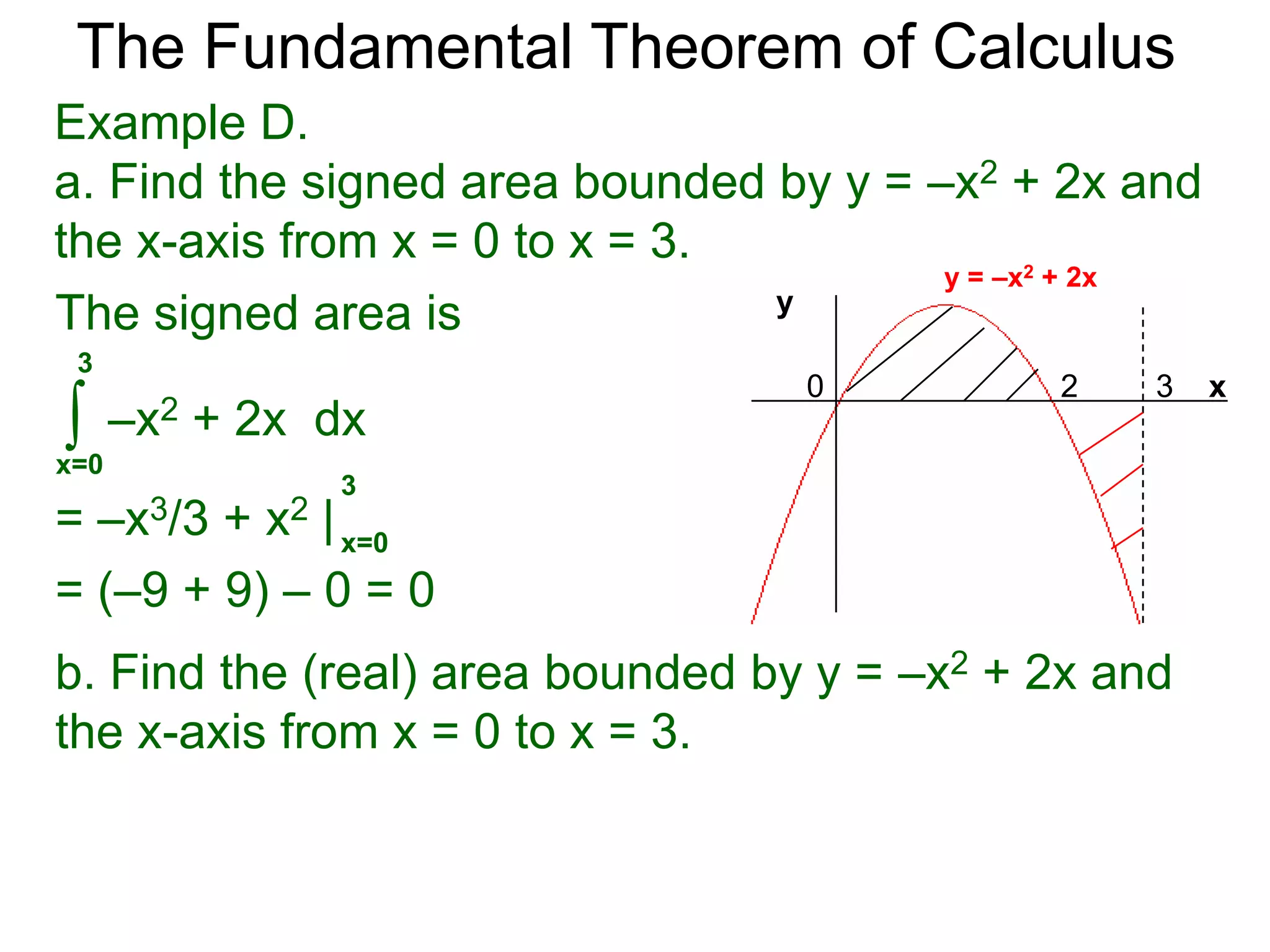 The Fundamental Theorem of Calculus 
Example C. Calculate and interpret the answer. 
2 
∫ 
x=0 
2 
x – 1dx = x2/2 – x| 
= 2 – 2 = 0 
0 2 
a. 
3/2 
x – 1dx = x2/2 – x | 
0 3/2 
signed area = +1/2 
signed area = -1/2 
∫ 
x=0 
= 9/8 – 3/2 
= –3/8 
3/2 
0 
b. 
0 
 