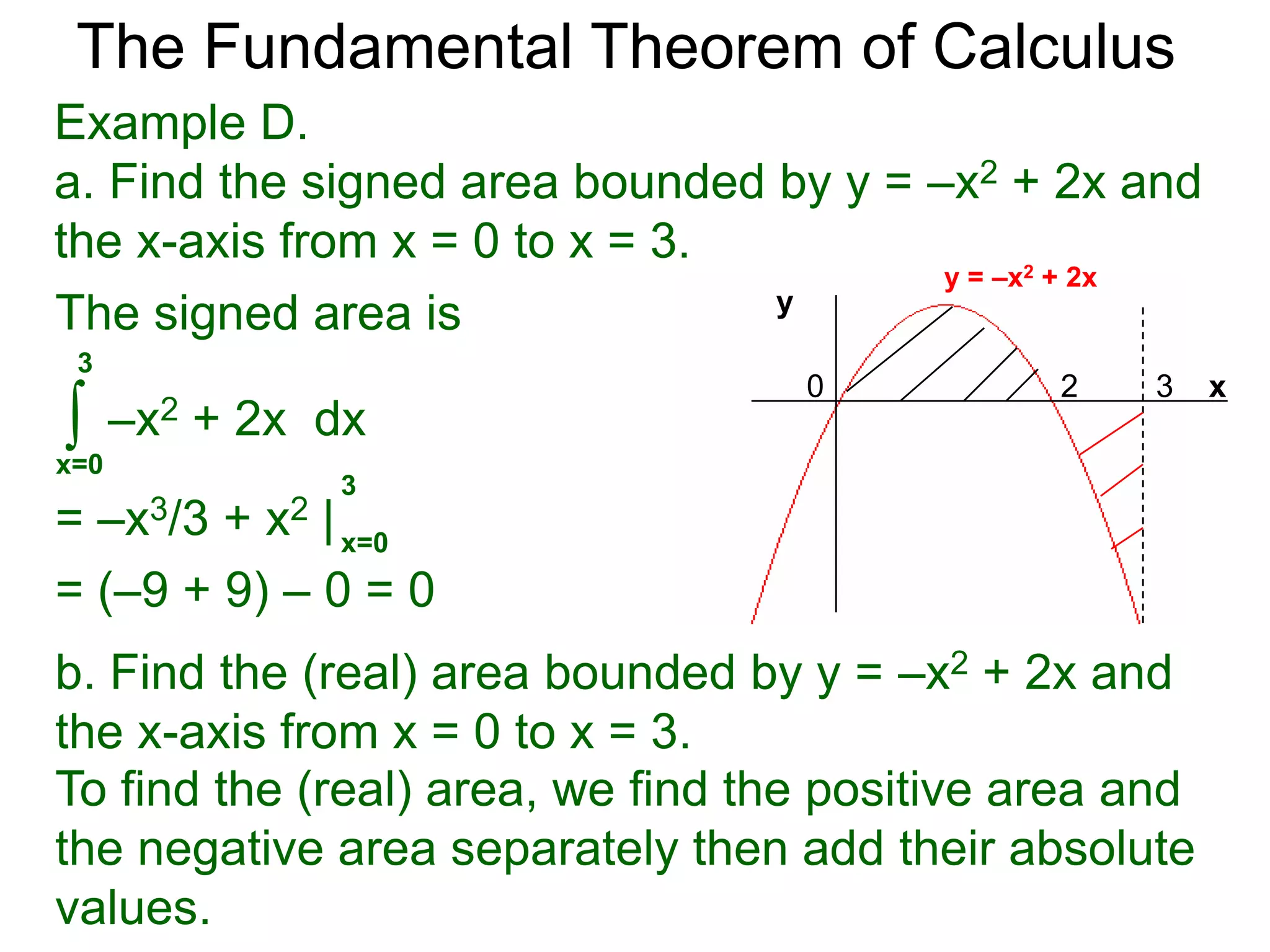 The Fundamental Theorem of Calculus 
Example C. Calculate and interpret the answer. 
2 
∫ 
x=0 
2 
x – 1dx = x2/2 – x| 
= 2 – 2 = 0 
0 2 
a. 
signed area = +1/2 
signed area = -1/2 
3/2 
x – 1dx = x2/2 – x | 
∫ 
x=0 
= 9/8 – 3/2 
= –3/8 
3/2 
0 
b. 
0 
0 3/2 
signed area = -1/2 
signed area = +1/8 
 