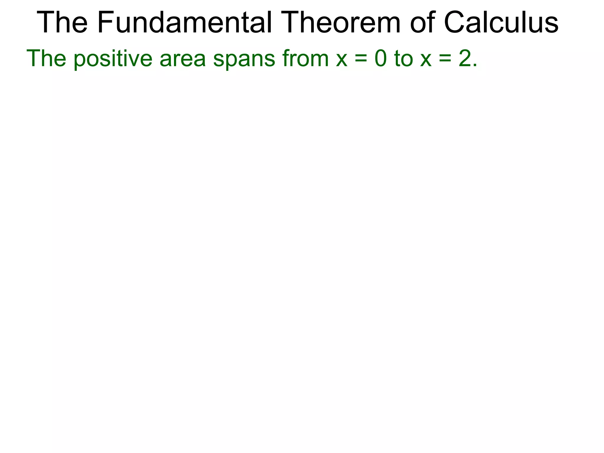 The Fundamental Theorem of Calculus 
Example C. Calculate and interpret the answer. 
2 
∫ 
x=0 
2 
x – 1dx = x2/2 – x| 
= 2 – 2 = 0 
0 2 
a. 
signed area = +1/2 
signed area = -1/2 
3/2 
x – 1dx = x2/2 – x | 
∫ 
x=0 
= 9/8 – 3/2 
= –3/8 
We use the term area for the traditional notion of 
area-measurement which is always positive. 
3/2 
0 
b. 
0 
0 3/2 
signed area = -1/2 
signed area = +1/8 
 
