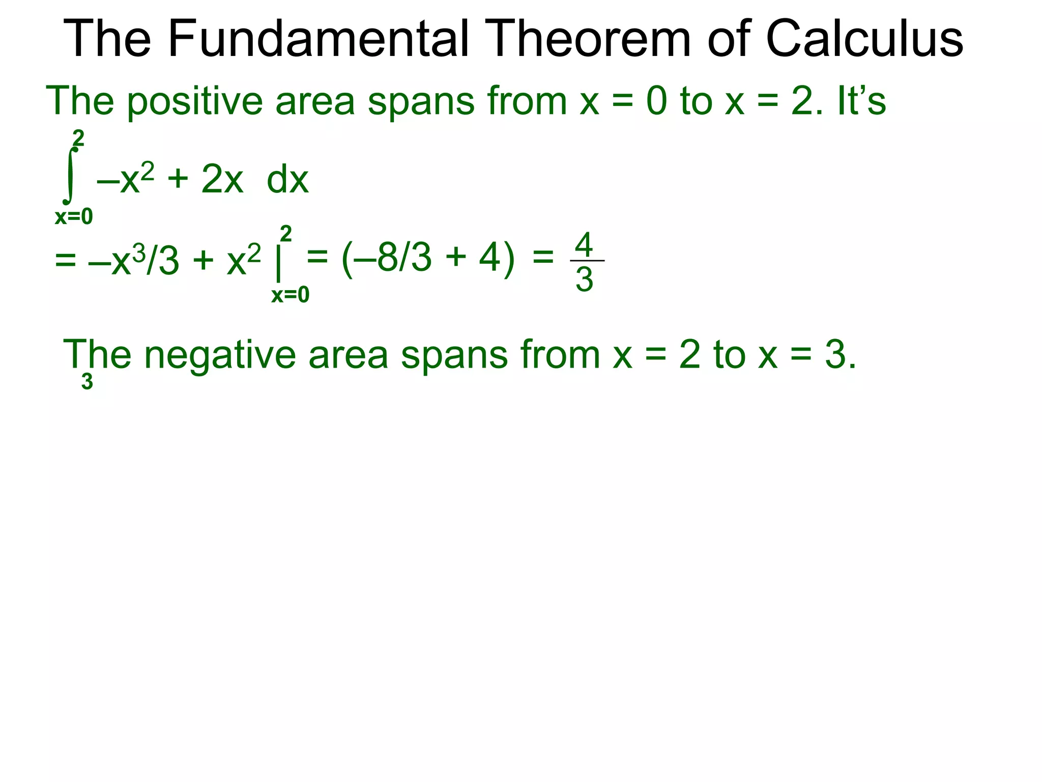 The Fundamental Theorem of Calculus 
Example D. 
a. Find the signed area bounded by y = –x2 + 2x and 
the x-axis from x = 0 to x = 3. 
1 
0 2 x 
y 
3 
y = –x2 + 2x 
 