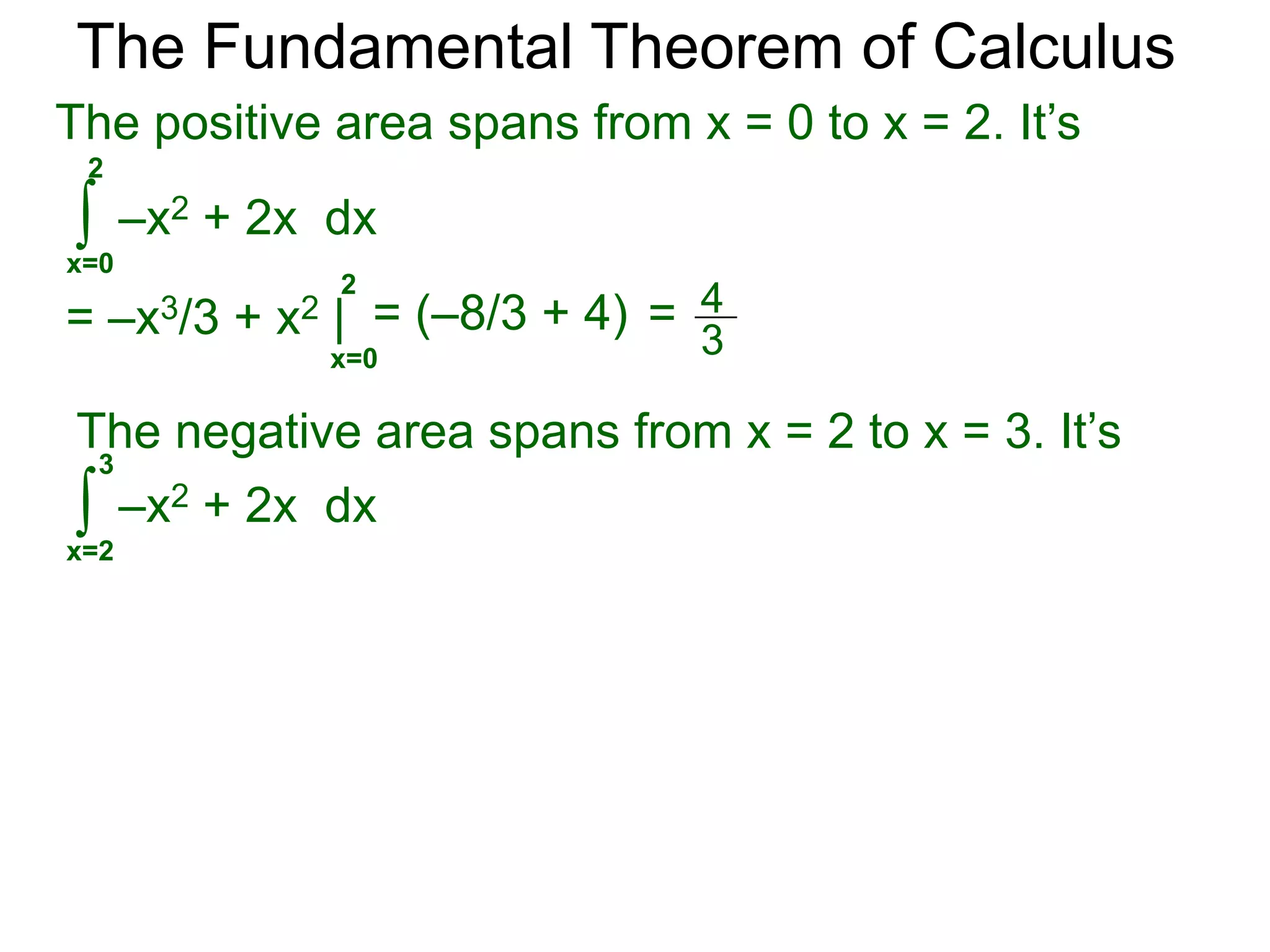 The Fundamental Theorem of Calculus 
Example D. 
a. Find the signed area bounded by y = –x2 + 2x and 
the x-axis from x = 0 to x = 3. 
The signed area is 
3 
∫ 
–x2 + 2x dx 
x=0 
1 
0 2 x 
y 
3 
y = –x2 + 2x 
 