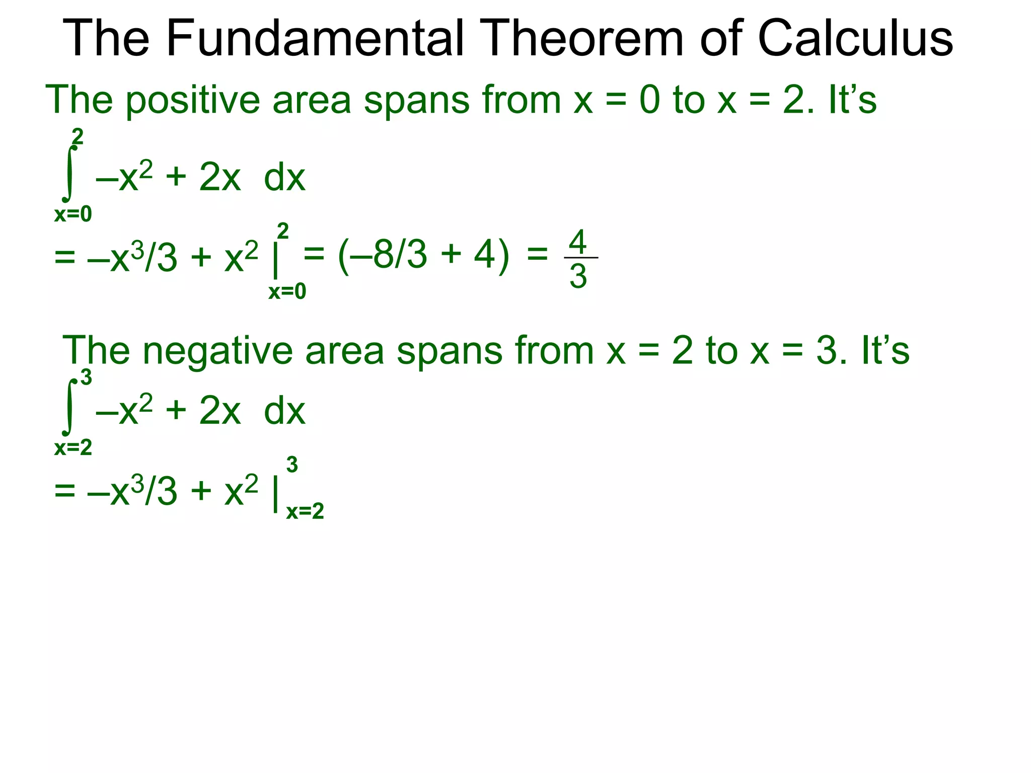 The Fundamental Theorem of Calculus 
Example D. 
a. Find the signed area bounded by y = –x2 + 2x and 
the x-axis from x = 0 to x = 3. 
The signed area is 
3 
∫ 
–x2 + 2x dx 
x=0 
3 
= –x3/3 + x2 | x=0 
1 
0 2 x 
y 
3 
y = –x2 + 2x 
 