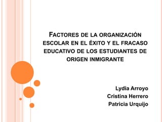 Factores de la organización escolar en el éxito y el fracaso educativo de los estudiantes de origen inmigrante Lydia Arroyo Cristina Herrero Patricia Urquijo 