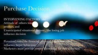 Purchase Decision
INTERVENING FACTORS like
Attitude of others towards
product, and
Unanticipated situational factors , like losing job
influence decision
Perceived risks(like financial, physical, functional risks)
influence buyer behaviour
Marketers must provide proper knowledge for risk reduction
 