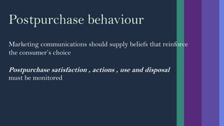 Postpurchase behaviour
Marketing communications should supply beliefs that reinforce
the consumer’s choice
Postpurchase satisfaction , actions , use and disposal
must be monitored
 