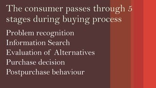 The consumer passes through 5
stages during buying process
Problem recognition
Information Search
Evaluation of Alternatives
Purchase decision
Postpurchase behaviour
 
