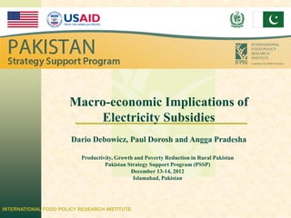 IFPRI




                      Macro-economic Implications of
                          Electricity Subsidies
                       Dario Debowicz, Paul Dorosh and Angga Pradesha

                           Productivity, Growth and Poverty Reduction in Rural Pakistan
                                    Pakistan Strategy Support Program (PSSP)
                                              December 13-14, 2012
                                               Islamabad, Pakistan




INTERNATIONAL FOOD POLICY RESEARCH INSTITUTE
 