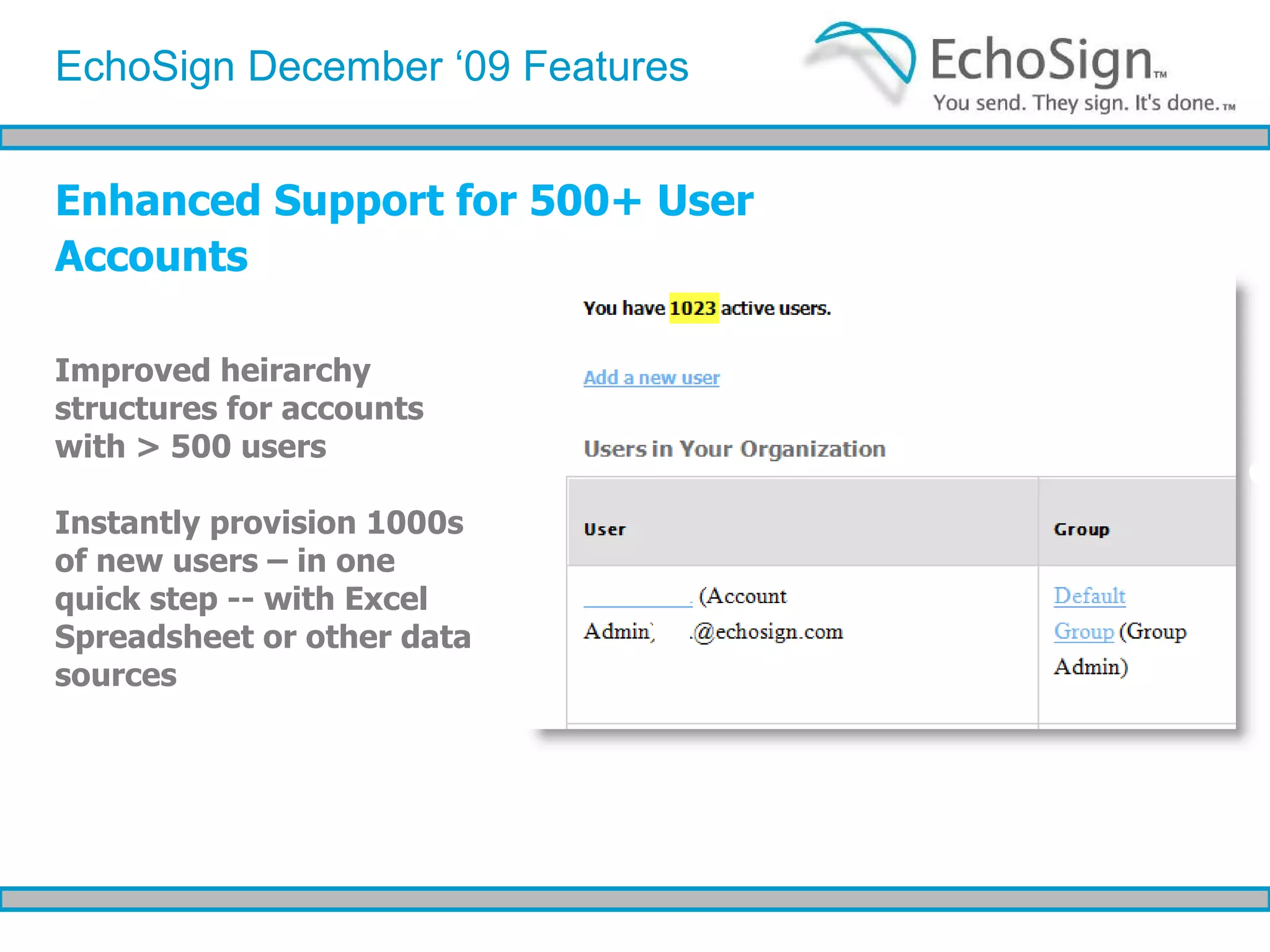 Enhanced Support for 500+ User Accounts EchoSign December ‘09 Features Improved heirarchy structures for accounts with > 500 users Instantly provision 1000s of new users – in one quick step -- with Excel Spreadsheet or other data sources 
