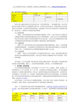 受 CC 版权保护公开版，不定期更新，欢迎交流，最新版请联系   MAIL: zhao_bill021@qq.com



整，成为第四动力源泉。
        创业者         元老        骨干               一线员工
创业者                 伙伴关系
元老                            隶属关系
骨干                                             专业关系
一线员工

  伙伴关系、 隶属关系和专业关系本身并无‘放之四海皆统一’的内涵和外延，来自不同
的社会文化和不同的个人价值观的人群之间，会有很大的不同认识，即使相同社会文化和
相同个人价值观，认识的差异性也很明显，这就造成了实质上的大混乱甚至大崩溃的可能
性。笔者认为，下面的定义可能是比较靠谱的：
  4.1 伙伴关系
     内涵：元老认同创业者可以信托他的长期利益；外延：元老主动关心公司财务是
  否健康并依据公司财务状况谦让地主张自己的短期利益，元老主动关心公司制度建设
  和企业文化是否有提升空间同时积极分享自己的心得，元老主动分享他掌控的公司核
  心资源给创业者同时特别注意不要被其下属或其他元老所恶意控制；
  4.2 隶属关系
     内涵：骨干认同其直属元老可以满足他的长期职业规划需要；外延：主动改善输
  出成果的质量标准，主动向跨部门的其他协作骨干提出流程改善的建议并主动承担更
  多接口工作，主动移交涉及公司资源的控制权给其直属上司元老；
  4.3 专业关系
     内涵：一线员工认为其直属骨干可以满足其岗位自信；外延：岗位的相对稳定性，
  岗位的专业水准提高的可持续性，岗位在某个跨部门关键流程中的不可替代性，岗位
  的荣誉感；

  这个阶段，人才升迁标准、   岗位责任制、跨部门流程文化等，成为协调 4 个利益阶层的
诉求的主要管理措施。做好了，分层管理会得到强化，做不好，公司再难继续发展。
  5） 壮年期：君臣有信
  公司治理结构会得到强化，所有者阶层（stakeholder）如股东、董事、监事等，与
管理者阶层(staff)如高管、中干、员工等，之间的君臣关系得到正式确立，其中最关键的
是创业者（这时候可能是董事长）和元老（这时候可能是总经理和副总经理）之间的君臣
关系的确立，这个时候，在‘青春期’形成的隶属关系和专业关系会得到进一步完善和贯
彻，所有者阶层和管理者阶层之间的责权利边界，将通过标准化议事流程得到讨论、     约定和
贯彻，这是第五动力源泉。
  在这个阶段，公司才真正有了被投资的资格，为什么呢？因为，障碍公司发展的‘内
控不确定’得到了控制，而这本身是全球 IPO 被否的最主要的原因。

   总结一下。创业者和元老之间的关系是逐渐变化的，夫妻关系、兄弟关系、伙伴关系、君
臣关系，很少有创业者能在节奏和时机的拿捏上十分恰当，需要掌握的大原则是被动和谦
让。
 