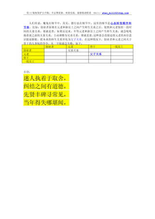 受 CC 版权保护公开版，不定期更新，欢迎交流，最新版请联系   MAIL: zhao_bill021@qq.com



   人们常说，魔鬼在细节中，其实，德行也在细节中，这里的细节是 心 态 转 变 顺 序 和
节奏，比如：创业者如果在元老和新员工之间产生师生关系之后，依然和元老保持一段时
间的夫妻关系，那就是善，如果反过来，不等元老和新员工之间产生师生关系，就急吼吼
地看淡之前的夫妻关系，主动调整为兄弟关系，那就是恶。这种恶会直接迫使元老的本位意
识提前膨胀，把本来的师生关系异化为父子关系，在这种情况下，创业者和元老之间关于
骨干的人事权的争夺，从一开始就会失败，如下：
         创业者     元老      骨干       一线员工
创业者              兄弟关系
元老                       父子关系
骨干
一线员工


小诗：

迷人执着于取舍，
纠结之间有道德，
先贤丰碑寻常见，
当年得失哪堪闻，
 