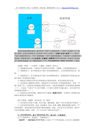 受 CC 版权保护公开版，不定期更新，欢迎交流，最新版请联系      MAIL: zhao_bill021@qq.com




  无论任何商业模式理论，都不外乎‘任务’之间的关系，‘任务’必须靠‘人’驱
动，因此，任务可以简化为“动宾状”单元（比如，“ 发 展 | 会 员 | 更 多 ”），其中，
“动”是指管理行为，“宾”是指资源，“状”是指考核指标。“动宾状”之间的关系 ，
其实是一种伦理关系，尤以自 组 织 、互 激 励 、高 默 契 的协作关系为佳，这也是“无为而
治”管理学的基础，以‘增量任务环（ITC，Incremental Task Circle）’命名。

  先解释‘增量’（=自组织、互激励、高默契）的含义。
  1）是跨越企业边界，与商业环节直接发生作用的，可测度、可控制的指标集合；
  2 ）理想情况下，这个指标集合中属于企业范畴的部分，与企业的组织设计是一致
的；
  3 ）理想情况下，这个指标集合中属于企业范畴的部分，形成的协作关系即是企业
最主要的工作流的设计依据；
  4）推动这个增量任务环运行的原始动力是商业伦理，外在表现是企业文化；
  5 ）追求的是互激励和自组织，也就是环节之间形成了互相促进的效应，比如‘ 甲
做了某项工作，乙就很有自觉地进行跟进与补位，丙很及时地提供了所需要的后备资源
……’，又比如‘A 部门产生了某个设想，A、 部门立即着手实施、
                      B           执行，并在过程中对
其成效进行检视…… ’；
  6）如果企业文化有问题，增量任务环节就成了减 量 任 务 环 ，互相拆台、需要强人监
督和军事化管理才能推动；

  明白了增量，再解释‘竞争边界’和‘隐形’。
  1）竞争边界又叫进入门槛、竞争门槛。通俗地说，就是“为什么是你而不是别人”；
  2）竞争边界有很多种，技术、商业模式、资金、品牌、规模、稀缺资源独占权等。ITC
本质是解决一系列动态经营矛盾的平衡性问题的，因此，往往是不为人所知的，或至少
不是全面彻底了解的，因此，ITC 又可以叫“隐形竞争边界”；

  3） ITC@9BLOCK： 基 于 9BLOCK 的 ITC， 真 正 的 ‘ 九 阴 真 经 ’
  在 ITC 的事件中，也发现了一些缺陷如下：
  ｛缺 陷 #1 – 路 径 虚 无 hold 不 住 ｝ 在设计 ITC 环节的时候 , 天马行空 , 想到哪里
 