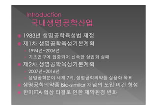  1983년 생명공학육성법 제정
 제1차 생명공학육성기본계획
    › 1994년~2006년
    › 기초연구에 집중되어 신속한 상업화 실패
   제2차 생명공학육성기본계획
    › 2007년~2016년
    › 생명공학분야 세계 7위, 생명공학의약품 실용화 목표
   생명공학의약품 Bio-similar 개념의 도입 여건 형성
   한미FTA 협상 타결로 인한 제약환경 변화
 