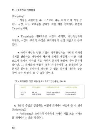 Ⅳ. 사회적기업 시작하기
104
(Targeting)
- 시장을 세분화한 후, 스스로가 나눈 여러 가지 시장 중
어느 시장, 어느 고객군을 공략할 것인 지를 선택하는 과정이
Targeting이다.
∙ Targeting은 대표적으로 시장의 매력도, 기업특성과의
적합도, 시장의 구조적 특성을 표적시장의 선정 기준으로 들고
있다.
∙ 사회적기업은 일반 기업의 경쟁환경과는 다르게 사회적
가치를 전달하는 과정에서 사회적 문제를 해결하기 위한 시장
으로써 문제의 시작점 혹은 사회적 문제의 종류에 따라 분류하
였다면, 그 문제들의 공통점 혹은 차이점이나 그 문제들의 근
본적인 원인을 분석하여 해결할 수 있는 최적의 대안을 찾는
것이 결국 타켓이 될 수 있을 것이다.
<표> 표적시장 선정 기준(한국사회적기업진흥원, 2013)
◦ 3단계, 수많은 경쟁자들, 어떻게 소비자의 마음에 들 수 있지
(Positioning)?
- Positioning은 소비자의 마음속에 자사의 제품 또는 서비스
를 위치시키는 것을 의미한다.
 