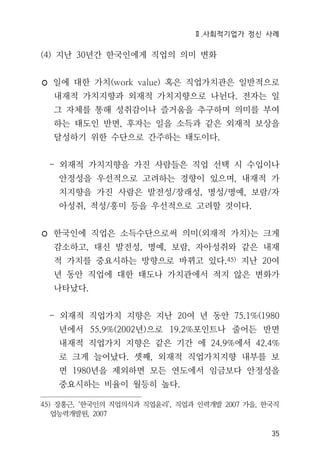 Ⅱ.사회적기업가 정신 사례
35
(4) 지난 30년간 한국인에게 직업의 의미 변화
◦ 일에 대한 가치(work value) 혹은 직업가치관은 일반적으로
내재적 가치지향과 외재적 가치지향으로 나뉜다. 전자는 일
그 자체를 통해 성취감이나 즐거움을 추구하며 의미를 부여
하는 태도인 반면, 후자는 일을 소득과 같은 외재적 보상을
달성하기 위한 수단으로 간주하는 태도이다.
- 외재적 가치지향을 가진 사람들은 직업 선택 시 수입이나
안정성을 우선적으로 고려하는 경향이 있으며, 내재적 가
치지향을 가진 사람은 발전성/장래성, 명성/명예, 보람/자
아성취, 적성/흥미 등을 우선적으로 고려할 것이다.
◦ 한국인에 직업은 소득수단으로써 의미(외재적 가치)는 크게
감소하고, 대신 발전성, 명예, 보람, 자아성취와 같은 내재
적 가치를 중요시하는 방향으로 바뀌고 있다.45) 지난 20여
년 동안 직업에 대한 태도나 가치관에서 적지 않은 변화가
나타났다.
- 외재적 직업가치 지향은 지난 20여 년 동안 75.1%(1980
년에서 55.9%(2002년)으로 19.2%포인트나 줄어든 반면
내재적 직업가치 지향은 같은 기간 에 24.9%에서 42.4%
로 크게 늘어났다. 셋째, 외재적 직업가치지향 내부를 보
면 1980년을 제외하면 모든 연도에서 임금보다 안정성을
중요시하는 비율이 월등히 높다.
45) 장홍근, ‘한국인의 직업의식과 직업윤리’, 직업과 인력개발 2007 가을, 한국직
업능력개발원, 2007
 
