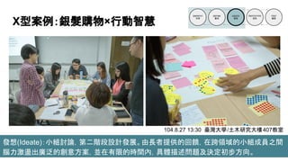 X型案例：銀髮購物×行動智慧
發想(Ideate)：小組討論，第二階段設計發展。由長者提供的回饋，在跨領域的小組成員之間
腦力激盪出廣泛的創意方案，並在有限的時間內，具體描述問題及決定初步方向。
104.8.27 13:30 臺灣大學/土木研究大樓407教室
 