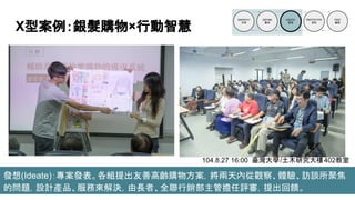 X型案例：銀髮購物×行動智慧
發想(Ideate)：專案發表。各組提出友善高齡購物方案，將兩天內從觀察、體驗、訪談所聚焦
的問題，設計產品、服務來解決，由長者、全聯行銷部主管擔任評審，提出回饋。
104.8.27 16:00 臺灣大學/土木研究大樓402教室
 