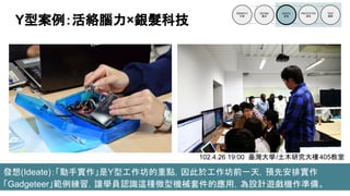 發想(Ideate)：「動手實作」是Y型工作坊的重點，因此於工作坊前一天，預先安排實作
「Gadgeteer」範例練習，讓學員認識這種微型機械套件的應用，為設計遊戲機作準備。
Y型案例：活絡腦力×銀髮科技
102.4.26 19:00 臺灣大學/土木研究大樓405教室
 