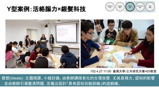 發想(Ideate)：主題授課、小組討論。由教師講授老化的生理改變，尤其是視力、認知的影響
，並由教師引導釐清問題，定義出設計「具有認知功能訓練」的遊戲機。
Y型案例：活絡腦力×銀髮科技
102.4.27 11:00 臺灣大學/土木研究大樓405教室
 