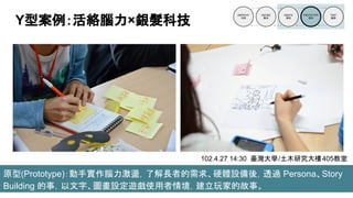 原型(Prototype)：動手實作腦力激盪，了解長者的需求、硬體設備後，透過 Persona、Story
Building 的事，以文字、圖畫設定遊戲使用者情境，建立玩家的故事。
Y型案例：活絡腦力×銀髮科技
102.4.27 14:30 臺灣大學/土木研究大樓405教室
 