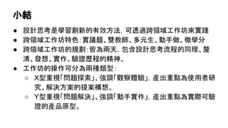 ● 設計思考是學習創新的有效方法，可透過跨領域工作坊來實踐
● 跨領域工作坊特色：實議題、雙教師、多元生、動手做、微學分
● 跨領域工作坊的規劃：皆為兩天，包含設計思考流程的同理、釐
清、發想、實作、驗證歷程的精神。
● 工作坊的操作可分為兩種類型：
○ X型重視「問題探索」、強調「觀察體驗」，產出重點為使用者研
究、解決方案的提案構想。
○ Y型重視「問題解決」、強調「動手實作」，產出重點為實際可驗
證的產品原型。
小結
 