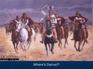 For his part, Alexander helped Aristotle amass a sizable library and financed his work.Anyway, Alexander becomes king and immediately gains the full support of the army (the most important thing).Though he was only 20 at the time, he had already proved himself in battle as both an effective warrior and a good commander.His first job was to put down the rebellion of the Greek city-states which occurred after Philip’s death.
