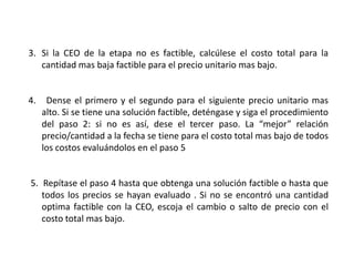 3. Si la CEO de la etapa no es factible, calcúlese el costo total para la
cantidad mas baja factible para el precio unitario mas bajo.
4. Dense el primero y el segundo para el siguiente precio unitario mas
alto. Si se tiene una solución factible, deténgase y siga el procedimiento
del paso 2: si no es así, dese el tercer paso. La “mejor” relación
precio/cantidad a la fecha se tiene para el costo total mas bajo de todos
los costos evaluándolos en el paso 5
5. Repítase el paso 4 hasta que obtenga una solución factible o hasta que
todos los precios se hayan evaluado . Si no se encontró una cantidad
optima factible con la CEO, escoja el cambio o salto de precio con el
costo total mas bajo.
 