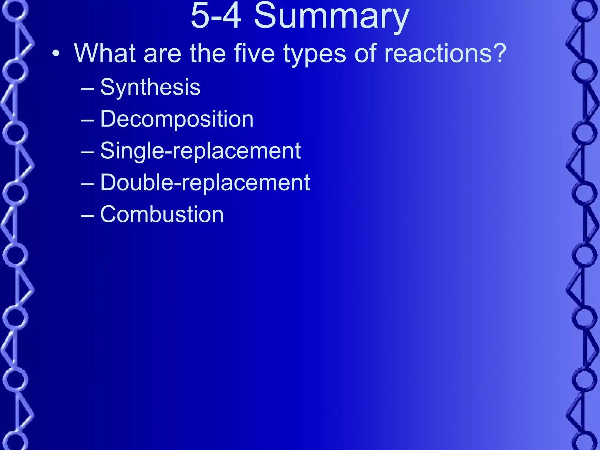 5-4 Summary What are the five types of reactions? Synthesis Decomposition Single-replacement Double-replacement Combustion 