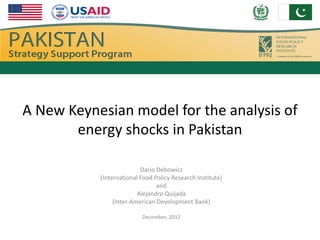 A New Keynesian model for the analysis of
       energy shocks in Pakistan

                          Dario Debowicz
           (International Food Policy Research Institute)
                                and
                         Alejandro Quijada
                (Inter-American Development Bank)

                          December, 2012
 