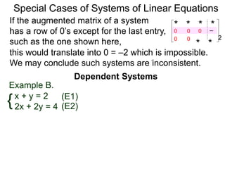 Dependent Systems
Special Cases of Systems of Linear Equations
Example B.
{x + y = 2
2x + 2y = 4
(E1)
(E2)
If the augmented matrix of a system
has a row of 0’s except for the last entry,
such as the one shown here,
* * * *–2
* *
0
0 0
0 0
this would translate into 0 = –2 which is impossible.
We may conclude such systems are inconsistent.
 