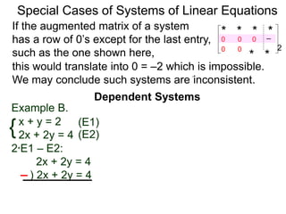Dependent Systems
Special Cases of Systems of Linear Equations
Example B.
{x + y = 2
2x + 2y = 4
2*E1 – E2:
2x + 2y = 4
) 2x + 2y = 4
(E1)
(E2)
If the augmented matrix of a system
has a row of 0’s except for the last entry,
such as the one shown here,
* * * *–2
* *
0
0 0
0 0
this would translate into 0 = –2 which is impossible.
We may conclude such systems are inconsistent.
 