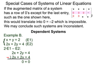 Dependent Systems
Special Cases of Systems of Linear Equations
Example B.
{x + y = 2
2x + 2y = 4
2*E1 – E2:
2x + 2y = 4
) 2x + 2y = 4
0 = 0
(E1)
(E2)
If the augmented matrix of a system
has a row of 0’s except for the last entry,
such as the one shown here,
* * * *–2
* *
0
0 0
0 0
this would translate into 0 = –2 which is impossible.
We may conclude such systems are inconsistent.
 