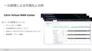 © 2015 Citrix |
一元管理による可視化と分析
全ノードの管理コンソール
• ダッシュボードの集約
• WAN仮想化のトポロジーマップ
• WANリンクのプロアクティブなSLAモニタリング
• 障害管理、アラート機能
Citrix Virtual WAN Center
 