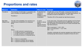 Proportions and rates
Measure​ Definition​ When to Use​ Example​
Prevalence
​
The proportion of individuals in a population who
have a condition at a specific point in time
Prevalence =
To describe how
common a
disease or
condition is within
a population.
A health clinic surveys 200 adults. A researcher finds that 60
adults within the survey population have high blood pressure. The
prevalence would be calculated as x (100) = 30%
Therefore 30% of the sample has high blood pressure.
Risk Ratio
(Relative risk)
The ratio of the probability of an outcome in an
exposed group compared to an unexposed
group.
RR =
=
Where:
• a = # with outcome in exposed group
• b = # without outcome in exposed group
• c = # with outcome in unexposed group
• d= # without outcome in unexposed group
If…
RR = 1: there is no association
RR > 1: exposure increases risk for disease
RR < 1: exposure decreases risk for disease
In cohort
studies or clinical
trials to
compare risk bet
ween two groups.
In the same study, 100 people exercise regularly and 20 of these
individuals have high blood pressure. Additionally, it was found
that 100 people do not exercise and 40 of these individuals have
high blood pressure.
Risk in exercisers= = 0.20 = 20%
Risk in non-exercisers = = 0.5 = 40%
RR = = 0.5
Therefore, individuals who exercise regularly have half the risk of
developing high blood pressure compared to those who don’t.
 
