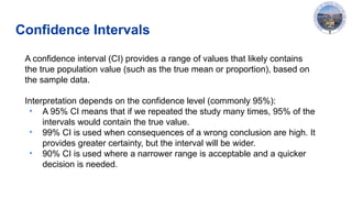 Confidence Intervals
A confidence interval (CI) provides a range of values that likely contains
the true population value (such as the true mean or proportion), based on
the sample data.
Interpretation depends on the confidence level (commonly 95%):
• A 95% CI means that if we repeated the study many times, 95% of the
intervals would contain the true value.
• 99% CI is used when consequences of a wrong conclusion are high. It
provides greater certainty, but the interval will be wider.
• 90% CI is used where a narrower range is acceptable and a quicker
decision is needed.
 