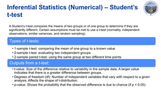Inferential Statistics (Numerical) – Student’s
t-test
Types of t-tests:
• 1-sample t-test: comparing the mean of one group to a known value
• 2-sample t-test: evaluating two independent groups
• 2-sample paired t-test: using the same group at two different time points
Outputs from a t-test:
• t-value: Size of the difference relative to variability in the sample data. A larger value
indicates that there is a greater difference between groups.
• Degrees of freedom (df): Number of independent variables that vary with respect to a given
analysis. Affects the shape of t-distribution.
• p-value: Shows the probability that the observed difference is due to chance (if p < 0.05)
A Student’s t-test compares the means of two groups or of one group to determine if they are
significantly different. Certain assumptions must be met to use a t-test (normality, independent
observations, similar variances, and random sampling).
 