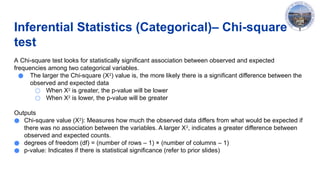 Inferential Statistics (Categorical)– Chi-square
test
A Chi-square test looks for statistically significant association between observed and expected
frequencies among two categorical variables.
● The larger the Chi-square (X2
) value is, the more likely there is a significant difference between the
observed and expected data
○ When X2
is greater, the p-value will be lower
○ When X2
is lower, the p-value will be greater
Outputs
● Chi-square value (X2
): Measures how much the observed data differs from what would be expected if
there was no association between the variables. A larger X2
, indicates a greater difference between
observed and expected counts.
● degrees of freedom (df) = (number of rows – 1) × (number of columns – 1)
● p-value: Indicates if there is statistical significance (refer to prior slides)
 