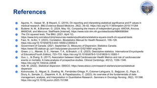 References
● Aguinis, H., Vassar, M., & Wayant, C. (2019). On reporting and interpreting statistical significance and P values in
medical research. BMJ Evidence-Based Medicine, 26(2), 39–42. https://doi.org/10.1136/bmjebm-2019-111264
● Buderer, N. M., & Brannan, G. (2024, May 19). Comparing the means of independent groups: ANOVA, Ancova,
MANOVA, and Mancova. StatPearls [Internet]. https://www.ncbi.nlm.nih.gov/sites/books/NBK606084/
● The Chi squared tests. The BMJ. (2021, April 12).
https://www.bmj.com/about-bmj/resources-readers/publications/statistics-square-one/8-chi-squared-tests
● Faizi, N., & Alvi, Y. (2023). Correlation. Biostatistics Manual for Health Research, 109–126.
https://doi.org/10.1016/b978-0-443-18550-2.00002-5
● Government of Canada. (2021, September 2). Measures of Dispersion. Statistics Canada.
https://www150.statcan.gc.ca/n1/edu/power-pouvoir/ch12/5214891-eng.htm
● Green, J. L., Manski, S. E., Hansen, T. A., & Broatch, J. E. (2023). Descriptive statistics. International Encyclopedia
of Education(Fourth Edition), 723–733. https://doi.org/10.1016/b978-0-12-818630-5.10083-1
● Guo, L., & Zhang, S. (2017). Association between Ideal Cardiovascular Health Metrics and risk of cardiovascular
events or mortality: A meta analysis of prospective studies.
‐ Clinical Cardiology, 40(12), 1339–1346.
https://doi.org/10.1002/clc.22836
● Holt, M. (2022). Statistical dispersion. EBSCO. https://www.ebsco.com/research-starters/science/statistical-
dispersion
● Kotronoulas, G., Miguel, S., Dowling, M., Fernández-Ortega, P., Colomer-Lahiguera, S., Bağçivan, G., Pape, E.,
Drury, A., Semple, C., Dieperink, K. B., & Papadopoulou, C. (2023). An overview of the fundamentals of data
management, analysis, and Interpretation in Quantitative Research. Seminars in Oncology Nursing, 39(2), 151398.
https://doi.org/10.1016/j.soncn.2023.151398
 