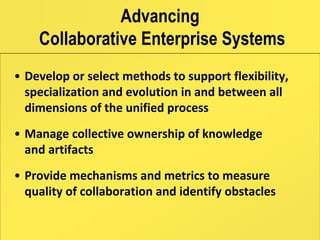 Advancing
    Collaborative Enterprise Systems
• Develop or select methods to support flexibility,
  specialization and ev...
