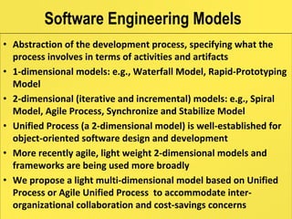 Software Engineering Models
• Abstraction of the development process, specifying what the
  process involves in terms of a...