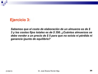 2021/05/13
Ejercicio 3:
Sabemos que el costo de elaboración de un almuerzo es de $
3 y los costos fijos totales es de $ 350. ¿Cuántos almuerzos se
debe vender a un precio de $ 5 para que no exista ni pérdida ni
ganancia (punto de equilibrio?
Dr. José Álvarez Román Mgs.
 